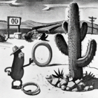 A cactus sitting next to onion rings in a farm, 1960s Cartoon
