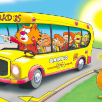 Garfield driving a bus to school with one direction