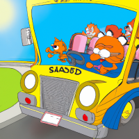 Garfield driving a bus to school with one direction