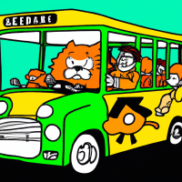 Garfield driving a bus to school with one direction