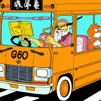Garfield driving a bus to school with one direction